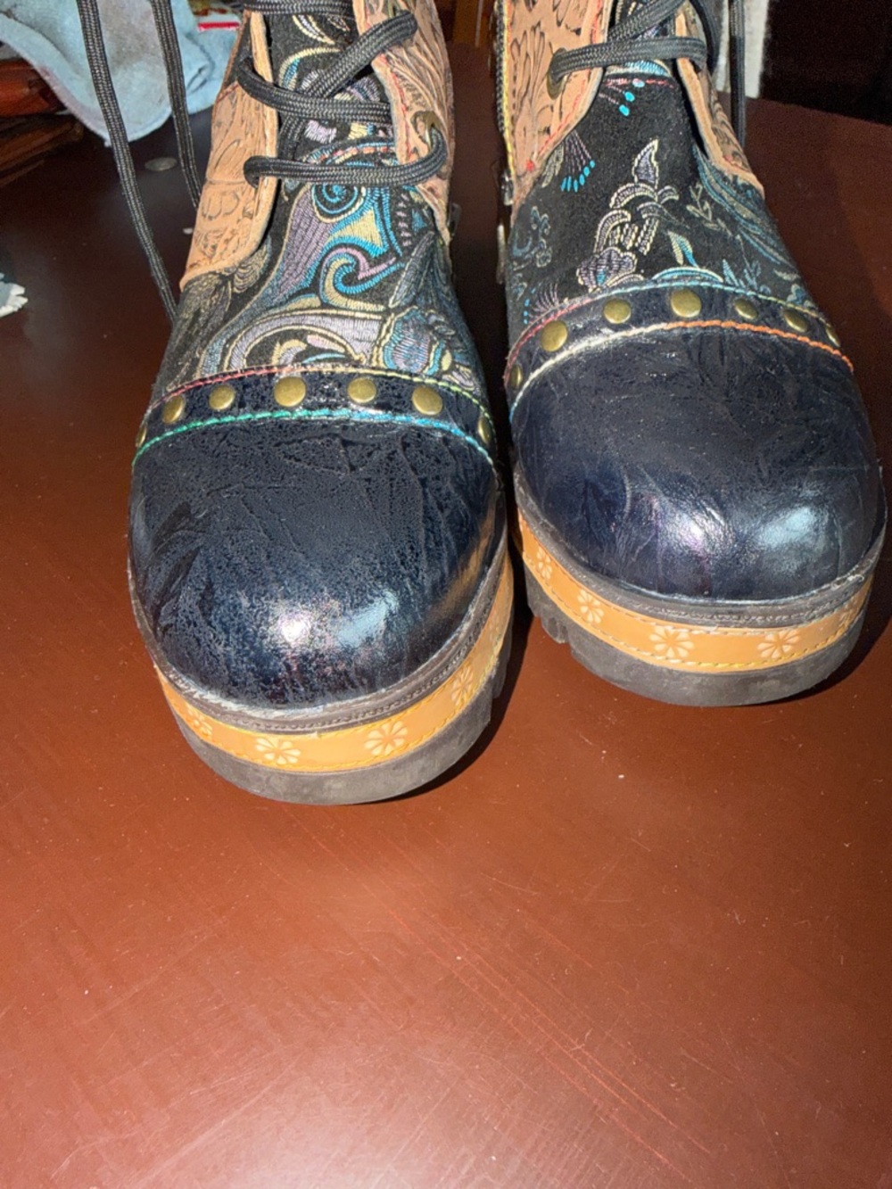 Spring Step Multi-Color Lace-Up Floral Embossed Leather Boots - Picture 14 of 15